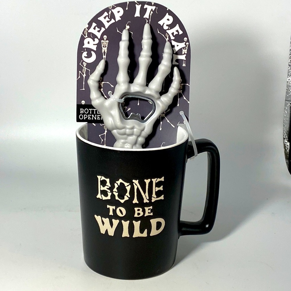 Halloween Bone To Be Wild Mug + Skeleton Bottle Opener NWT